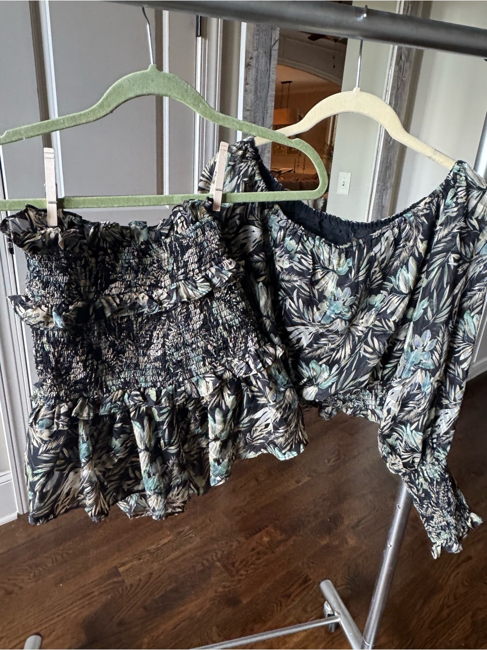 Elliatt Black Multi Floral Smocked Off-Shoulder Crop Top Set